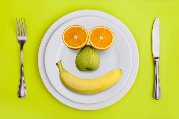 Fruits on plate humor banana fruit food fun orange