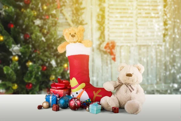 Christmas Stocking Sok Teddybeer Kerstcadeau Volledig Gevuld — Stockfoto