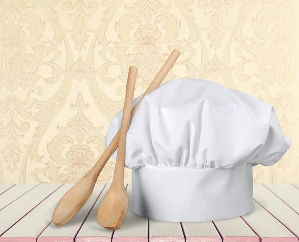 Cappello Chef Bianco Utensili Legno — Foto Stock