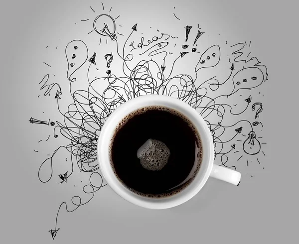 Black coffee in white cup on doodle background