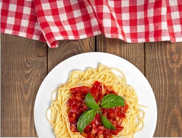 Pasta Espaguetis Ketchup Vista Cerca —  Fotos de Stock