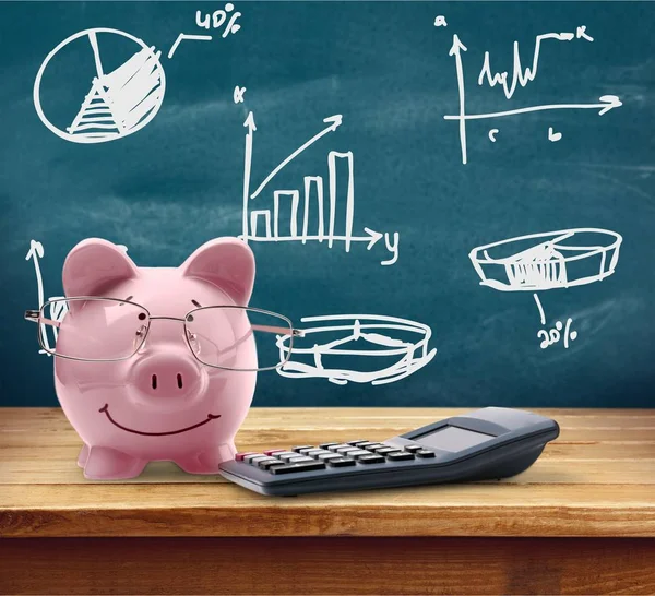 Calculadora Poupança Porco Porquinho Banco Finanças Óculos Finanças Domésticas — Fotografia de Stock