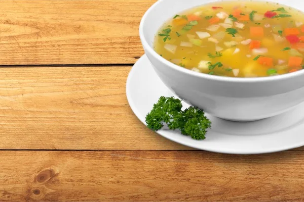 Sopa Verduras Tazón Sobre Fondo Madera — Foto de Stock