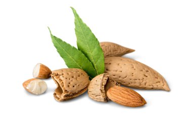 Beyaz arkaplanda izole edilmiş bademler