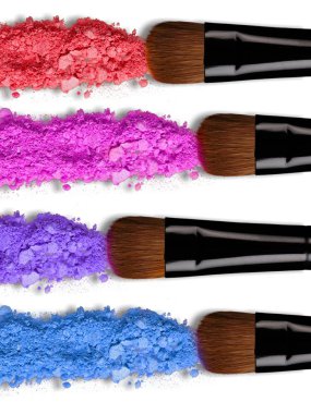 set of makeup brushes and bright powders on white background clipart