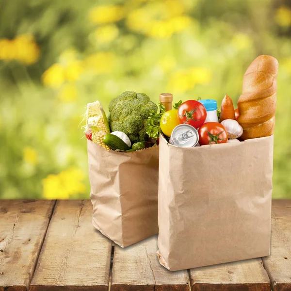 Sacchetti Carta Con Frutta Fresca Verdura Altri Alimenti Sani — Foto Stock