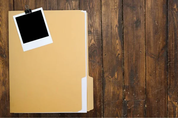 Yellow File Folder Wooden Table — Stock Photo, Image