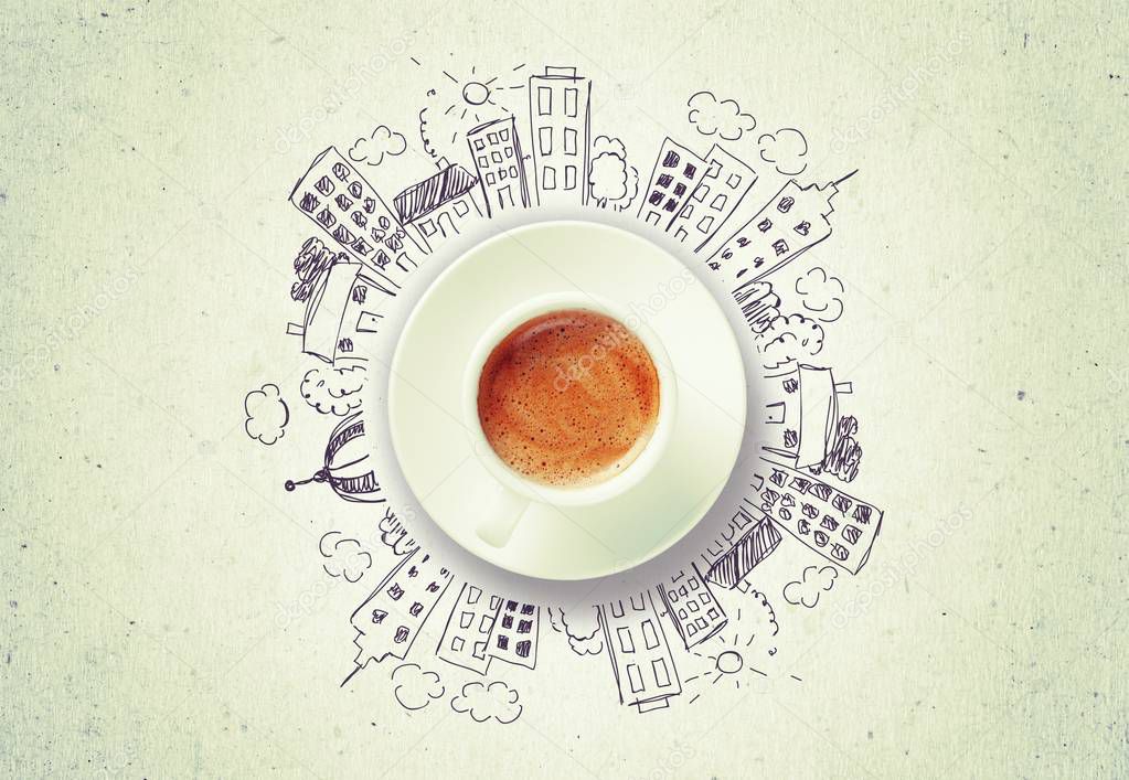 Cup of coffee and modern city concept