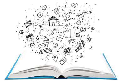 ahşap masa, bilgelik ve öğrenme konsepti üzerinde açık kitap