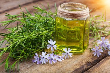 şişe şişe petrol ve ahşap masaya taze şişesi çiçek 