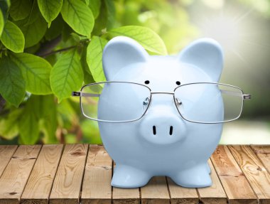 Kumbara ahşap arka plan üzerinde izole gözlük