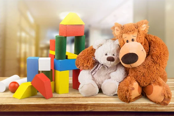 Toys Collection Wooden Desk — Stock Photo, Image