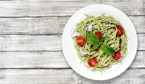 Delicious Vegan Italian Pasta Tomatoes White Plate — Stock Photo, Image