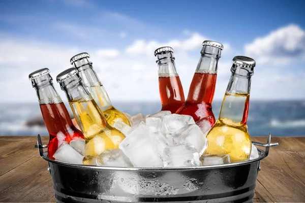 Beer Bottles Ice Bucket Blurred Background — Stock Photo, Image