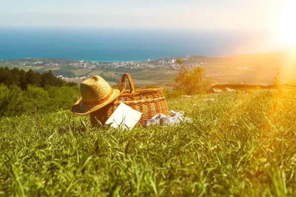 picnic basket and straw hat on grassy lawn