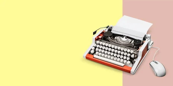 タイプライター 昔ながらのレトロな古い Typescript とコンピュータ マウス — ストック写真