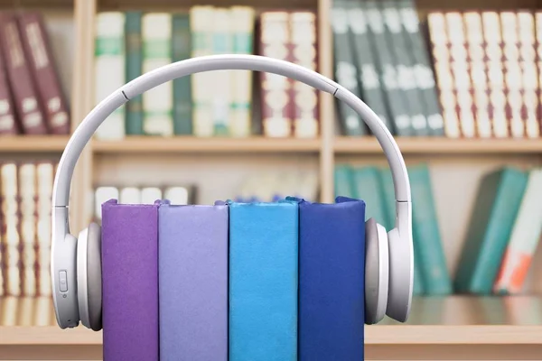 Stack Books Headphones Wooden Table — Stock Photo, Image