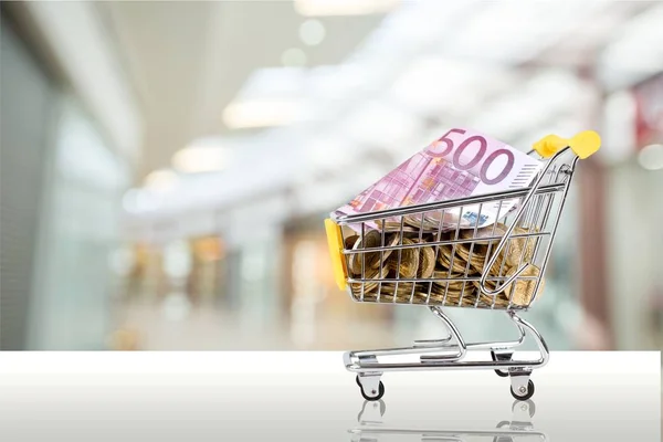 Monedas Oro Carrito Compras Sobre Fondo — Foto de Stock