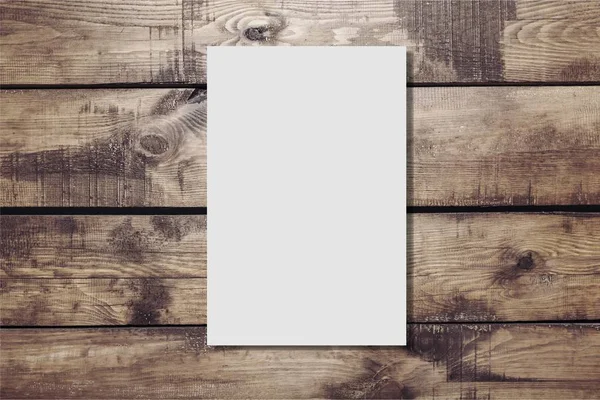 Witte Blanco Papier Houten Planken Achtergrond — Stockfoto