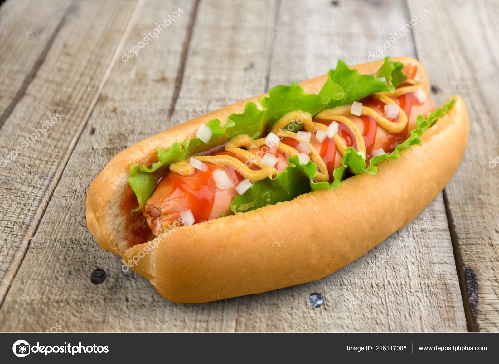Delicious Hot Dog Wooden Table Fast Food Stock Photo by ©billiondigital