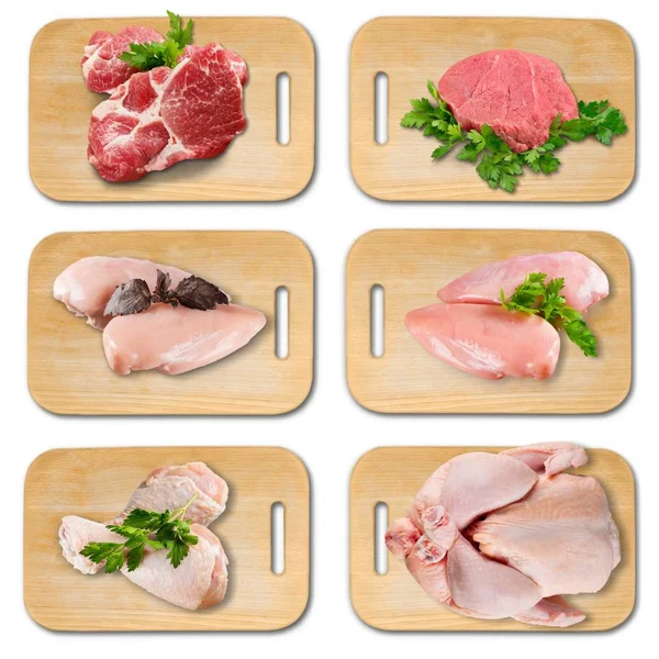 Assortiti Diversi Tipi Carne Tavole Legno — Foto Stock