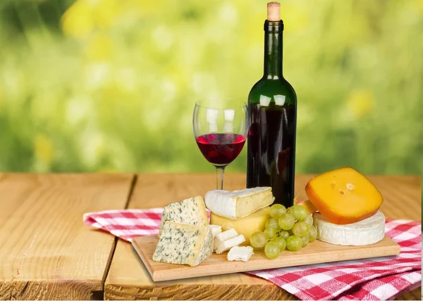 Wine Assorted Cheese Wooden Table — Stock Photo, Image