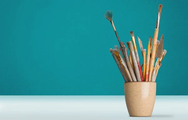 Different Artist Brushes Cup Table — Stock Photo, Image