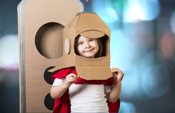 Niño Con Cartón Cabeza Astronauta Niño —  Fotos de Stock