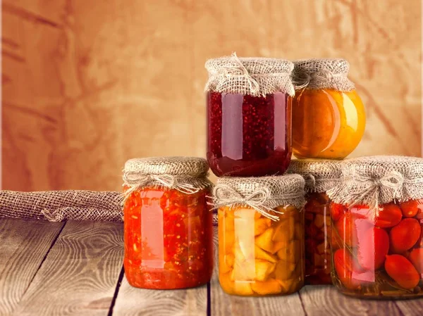Jars Canned Vegetables Jams Table — Stock Photo, Image