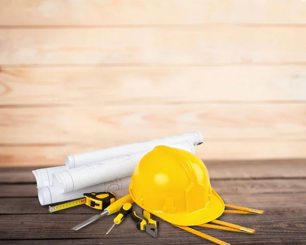 Yellow Hard Hat Tools Construction Concept — Stock Photo, Image