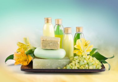 Güzel spa kompozisyon, şişeleri ve sabun 