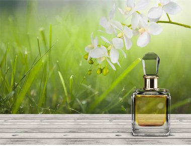 Ahşap arka planda parfüm şişesi 