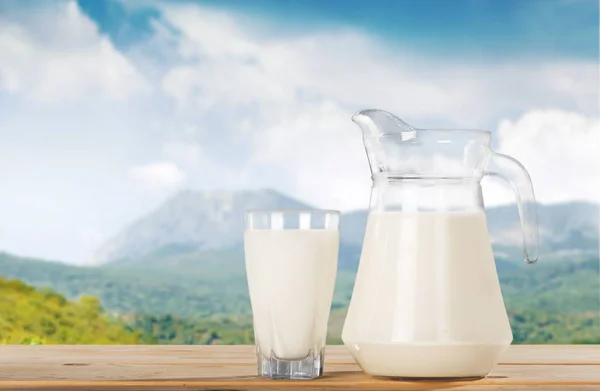 Jar Glass Milk Wooden Table — Stock Photo, Image