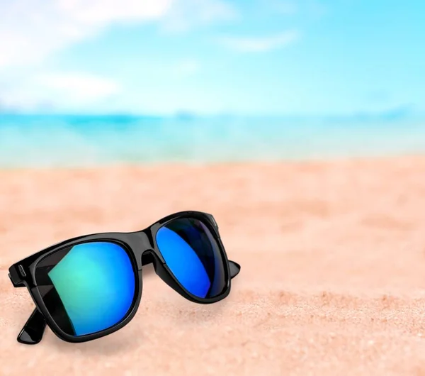 Black Fashion Sunglasses Sand Background — Stock Photo, Image