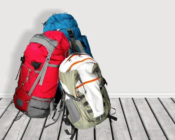 Travel Backpacks Woodenn Board — Stock Photo, Image