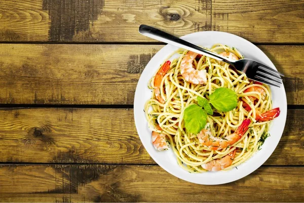 Delicious Italian Pasta Shrimps Tomatoes White Plate — Stock Photo, Image