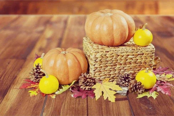 Pompoenen Herfst Laat Houten Tafel — Stockfoto