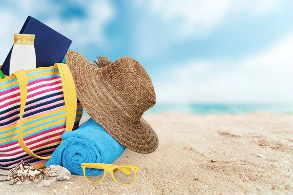 Beach Bag Beach Accessories Summer Vacation Concept — Stock Photo, Image