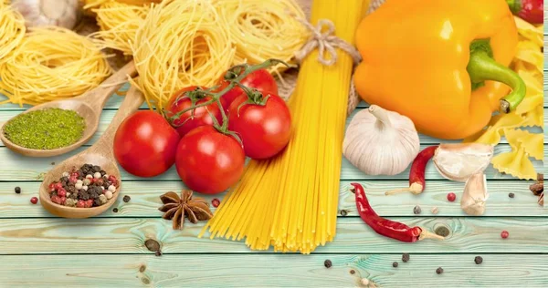 Raw Italian Pasta Tomatoes Other Ingredients Cooking — Stock Photo, Image