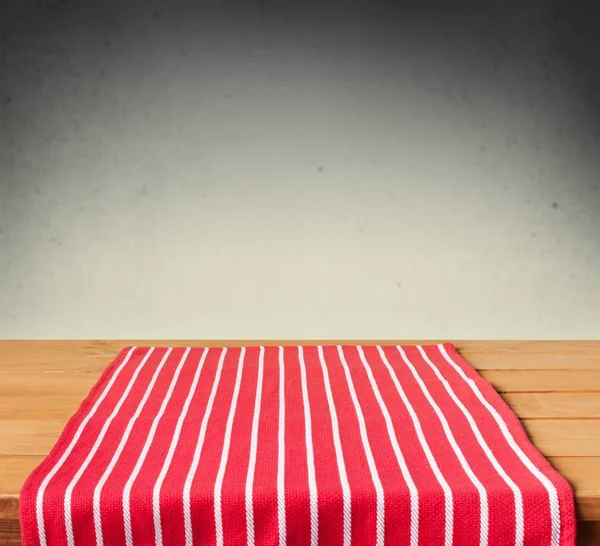 Red Striped Tablecloth Wooden Table — Stock Photo, Image