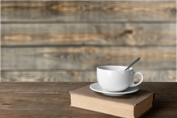 Könyv Fából Készült Asztal Csésze Kávé — Stock Fotó