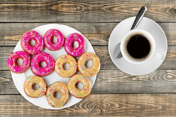 Cup Coffee Sweet Donuts Wooden Background — Stock Photo, Image