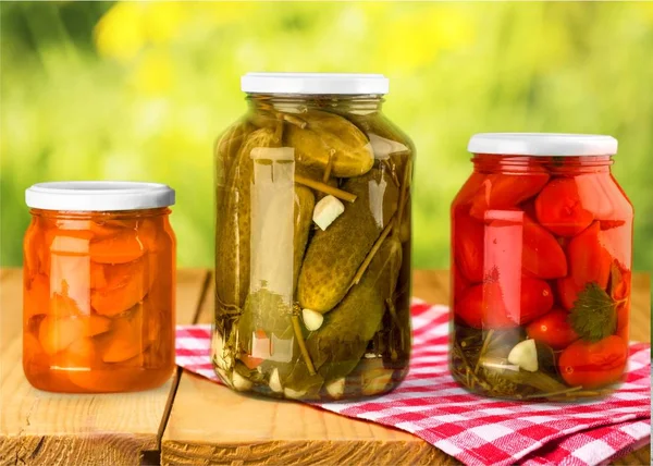 Jars Canned Vegetables Table — Stock Photo, Image