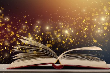 Ahşap masa, eğitim ve kavram öğrenme açık kitap