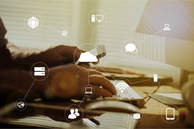 Küresel ağ arka plan, topluluk infograph, iş simgeleri ile duvar kağıdı