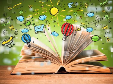 Ahşap masa, eğitim ve kavram öğrenme açık kitap