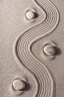 Tırmıklı kum taşlarla Japon Zen bahçesi 