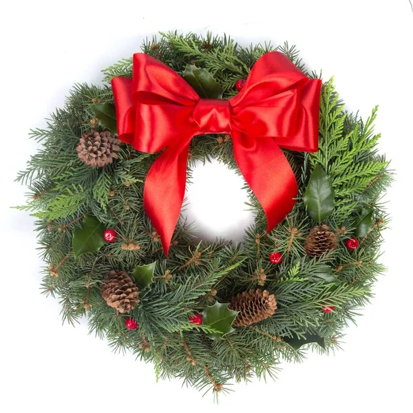 Christmas Wreath Red Ribbon White Background — Stock Photo, Image