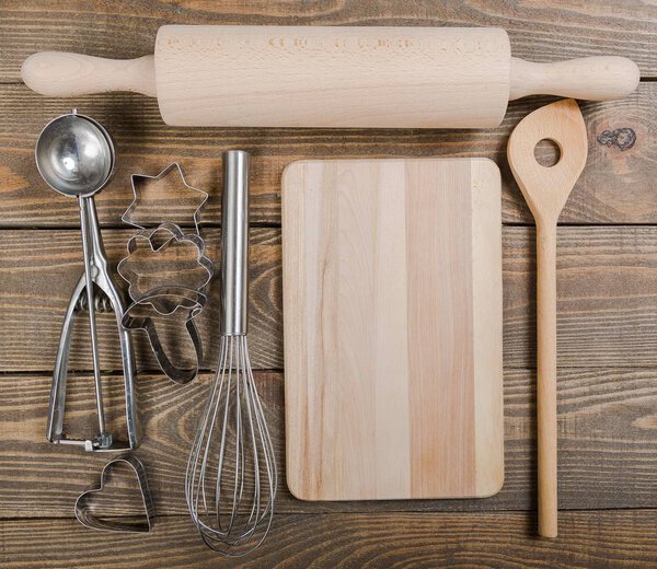 Baking tools and wooden board, kitchen items