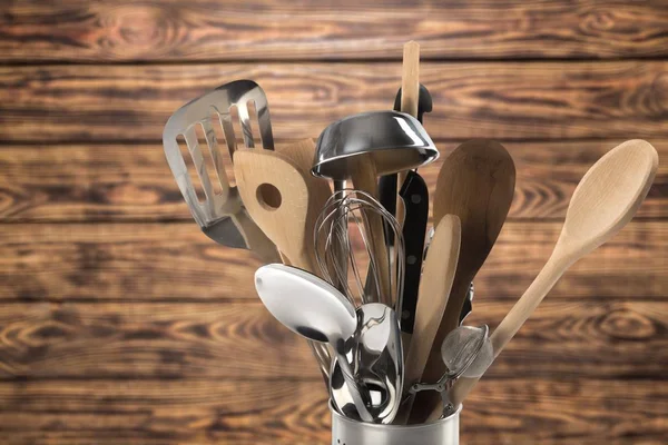 Cocina Metal Utensilios Madera Mesa — Foto de Stock